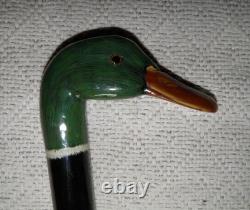 Antique Walking Stick Hand Carved / Painted Duck Head Fritz Handle Glass Eyes