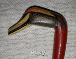Antique Walking Stick Hand Carved / Painted Duck Head Fritz Handle Glass Eyes
