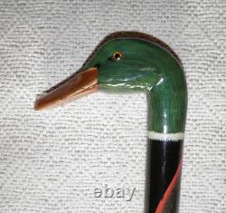 Antique Walking Stick Hand Carved / Painted Duck Head Fritz Handle Glass Eyes