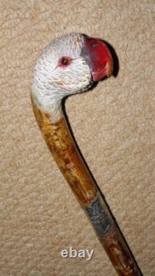Antique Walking Stick Hand Carved Painted Parrot Handle & Hallmarked 1933 Silver Antique Walking Stick Hand Carved Painted Parrot Handle & Hallmarked 1933 Silver