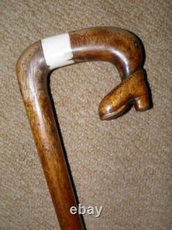 Antique Walking Stick Hand-Carved Shoe & Inset Antler Crook Handle