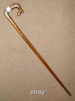 Antique Walking Stick Hand-Carved Shoe & Inset Antler Crook Handle