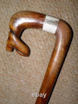 Antique Walking Stick Hand-Carved Shoe & Inset Antler Crook Handle