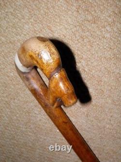 Antique Walking Stick Hand-Carved Shoe & Inset Antler Crook Handle