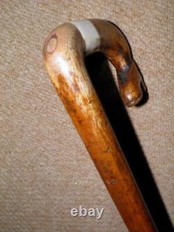 Antique Walking Stick Hand-Carved Shoe & Inset Antler Crook Handle