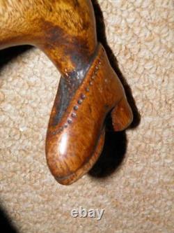 Antique Walking Stick Hand-Carved Shoe & Inset Antler Crook Handle