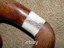 Antique Walking Stick Hand-Carved Shoe & Inset Antler Crook Handle