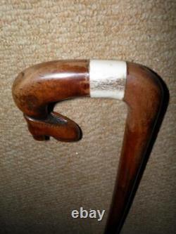 Antique Walking Stick Hand-Carved Shoe & Inset Antler Crook Handle