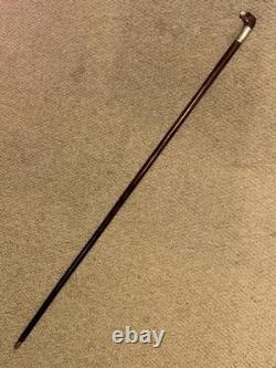 Antique Walking Stick Hand-Carved Terrier Top & Hallmarked 1902 Silver Collar