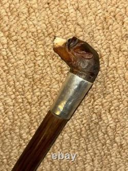 Antique Walking Stick Hand-Carved Terrier Top & Hallmarked 1902 Silver Collar