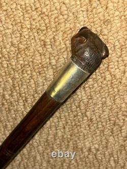 Antique Walking Stick Hand-Carved Terrier Top & Hallmarked 1902 Silver Collar Antique Walking Stick Hand-Carved Terrier Top & Hallmarked 1902 Silver Collar