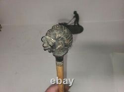 Antique Walking Stick. Hand carved WOOD with MAN'S HEAD. Glass eyes