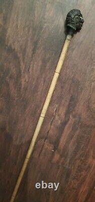 Antique Walking Stick. Hand carved WOOD with MAN'S HEAD. Glass eyes