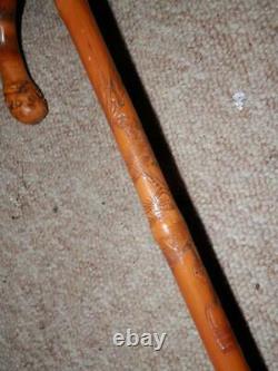 Antique Walking Stick Root Ball Crook Handle & Hand-Carved Asian Monkey Shaft