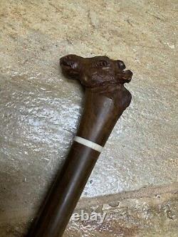 Antique Walking Stick Shillelagh Cane Hand Carved Giraffe Head & Bone Inserts