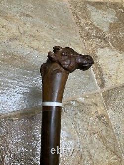 Antique Walking Stick Shillelagh Cane Hand Carved Giraffe Head & Bone Inserts