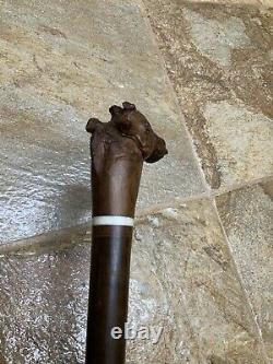 Antique Walking Stick Shillelagh Cane Hand Carved Giraffe Head & Bone Inserts