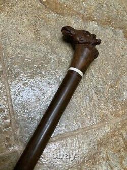 Antique Walking Stick Shillelagh Cane Hand Carved Giraffe Head & Bone Inserts