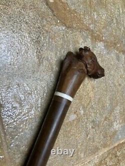 Antique Walking Stick Shillelagh Cane Hand Carved Giraffe Head & Bone Inserts