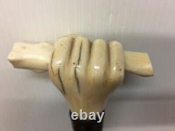 Antique Walking Stick Solid Walnut Carved Bone Handle Representing a Hand Italy