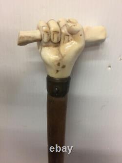 Antique Walking Stick Solid Walnut Carved Bone Handle Representing a Hand Italy
