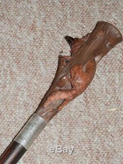 Antique Walking Stick W Hand-Carved Fox Top & H/M Silver Collar 1925
