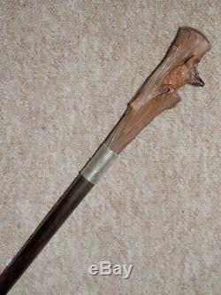 Antique Walking Stick W Hand-Carved Fox Top & H/M Silver Collar 1925