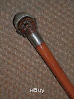 Antique Walking Stick With Carved Ethnic Blackamoor Mans Head And Silver Collar