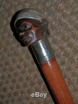 Antique Walking Stick With Carved Ethnic Blackamoor Mans Head And Silver Collar