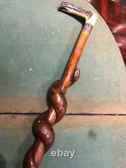 Antique Walking Stick With Carved Snake Decoration