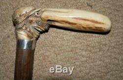 Antique Walking Stick With H/M Silver Collar & Hand Carved Jockey Head Handle 1929