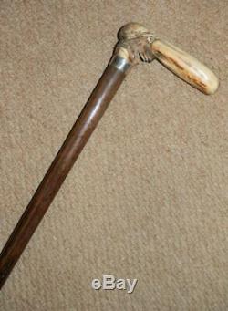 Antique Walking Stick With H/M Silver Collar & Hand Carved Jockey Head Handle 1929