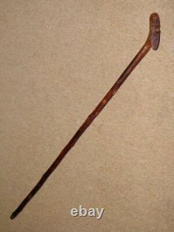 Antique Walking Stick With Hand-Carved Aboriginal Medicine Man Ball Puzzle Pommel