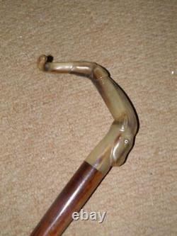 Antique Walking Stick With Hand-Carved Bovine Horn Onyx & Elephant Handle 90cm