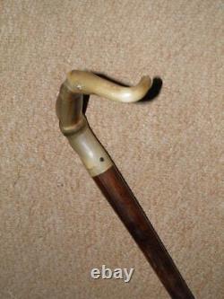 Antique Walking Stick With Hand-Carved Bovine Horn Onyx & Elephant Handle 90cm