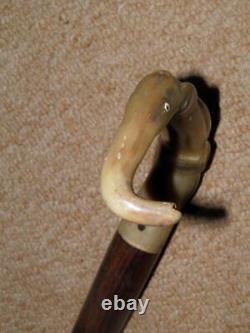 Antique Walking Stick With Hand-Carved Bovine Horn Onyx & Elephant Handle 90cm