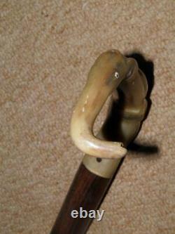 Antique Walking Stick With Hand-Carved Bovine Horn Onyx & Elephant Handle 90cm