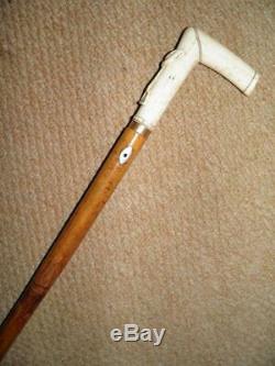 Antique Walking Stick With Hand Carved Bovine Horn Saddle & Stirrups Themed Handle