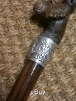 Antique Walking Stick With Hand-Carved Hare Top And Repoussé Silver Collar
