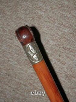Antique Walking Stick With Hand-Carved Lurcher Head Top & Patterned Collar 86cm