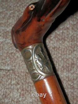Antique Walking Stick With Hand-Carved Lurcher Head Top & Patterned Collar 86cm