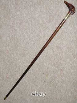 Antique Walking Stick With Hand-Carved Whippet Head Top & Brass Collar 91cm