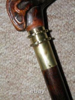 Antique Walking Stick With Hand-Carved Whippet Head Top & Brass Collar 91cm