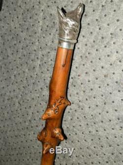 Antique Walking Stick With Various Animals Carved Into Shaft & Silver Fox Top
