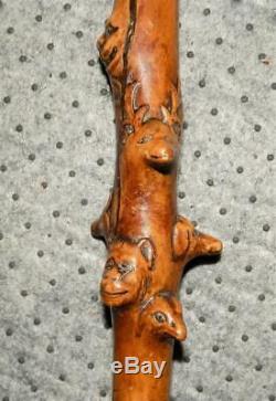 Antique Walking Stick With Various Animals Carved Into Shaft & Silver Fox Top