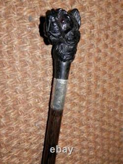 Antique Walking Stick With Westie Hand-Carved Top & H/M Silver Collar 1920's