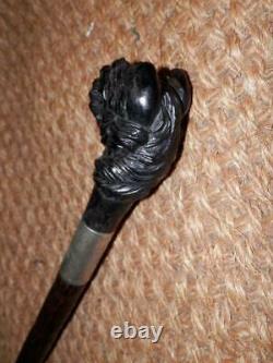 Antique Walking Stick With Westie Hand-Carved Top & H/M Silver Collar 1920's