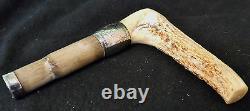 Antique Walking Stick or Cane Handle Carved Stag Horn & Sterling Silver Handle