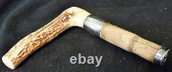 Antique Walking Stick or Cane Handle Carved Stag Horn & Sterling Silver Handle