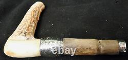 Antique Walking Stick or Cane Handle Carved Stag Horn & Sterling Silver Handle